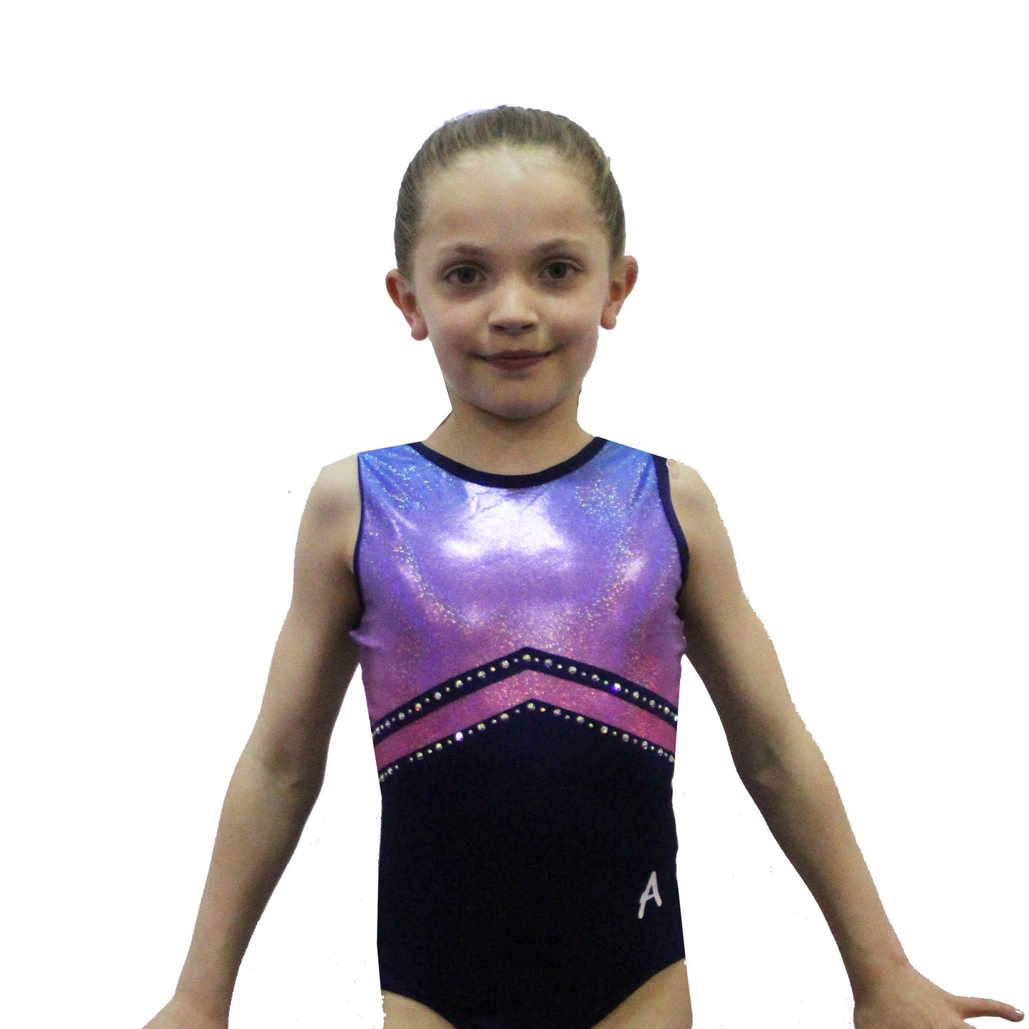 Esme - Girls navy leotard with blue to pink ombre and diamante