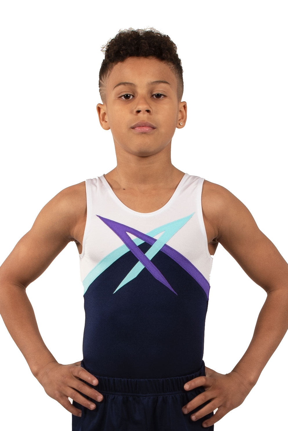 Navy sleeveless leotard with aqua and purple details