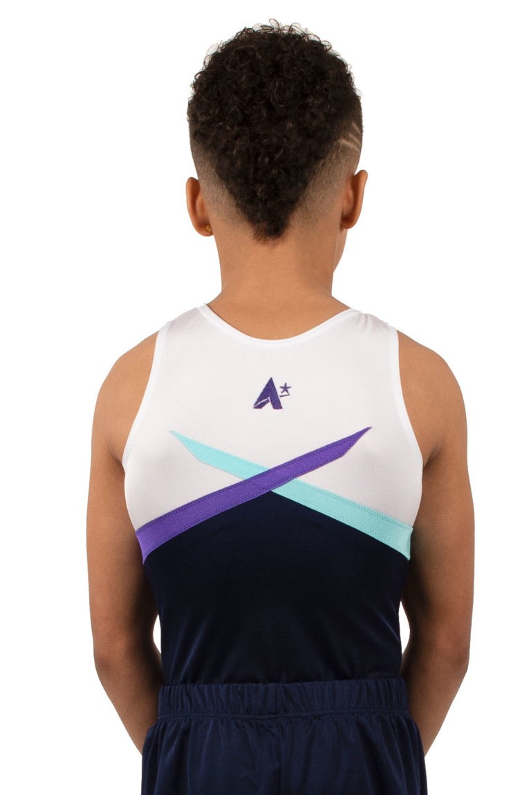Navy sleeveless leotard with aqua and purple details