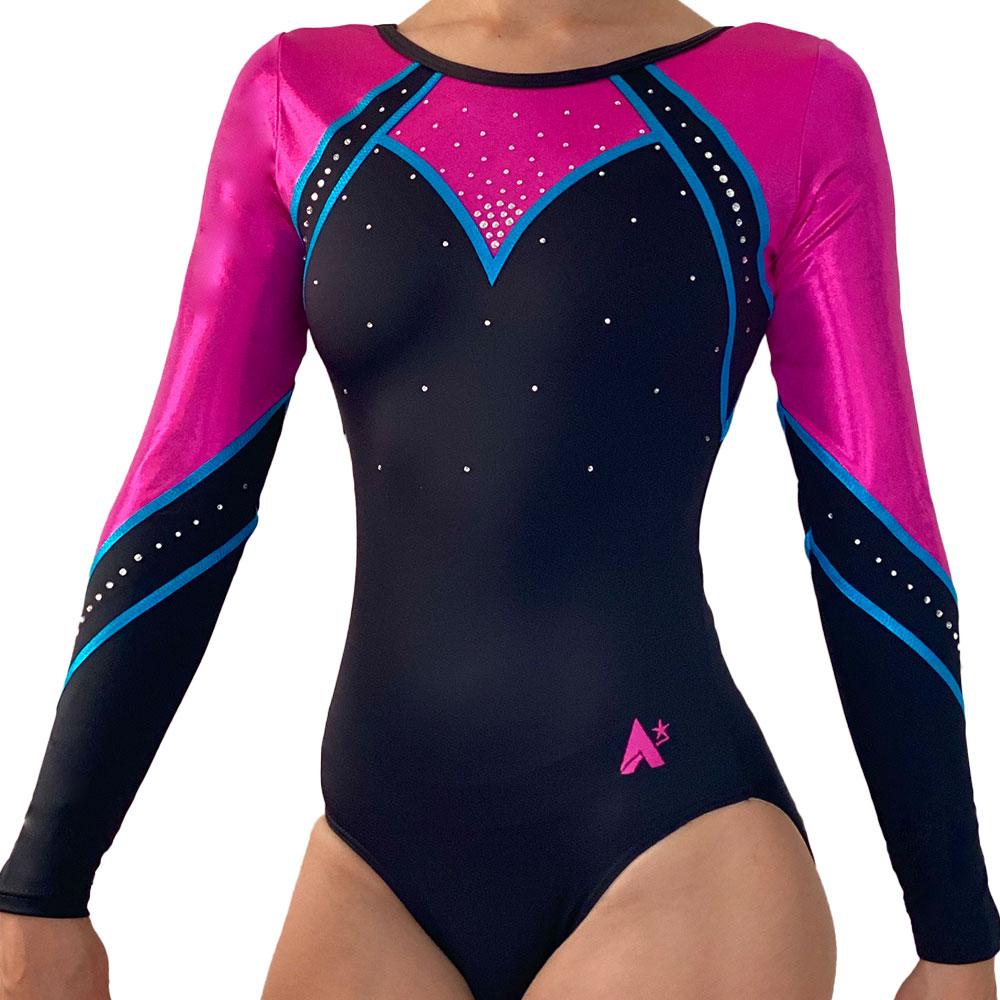 Luisa - Girls Long Sleeve Leotard in Black, Pink and Blue