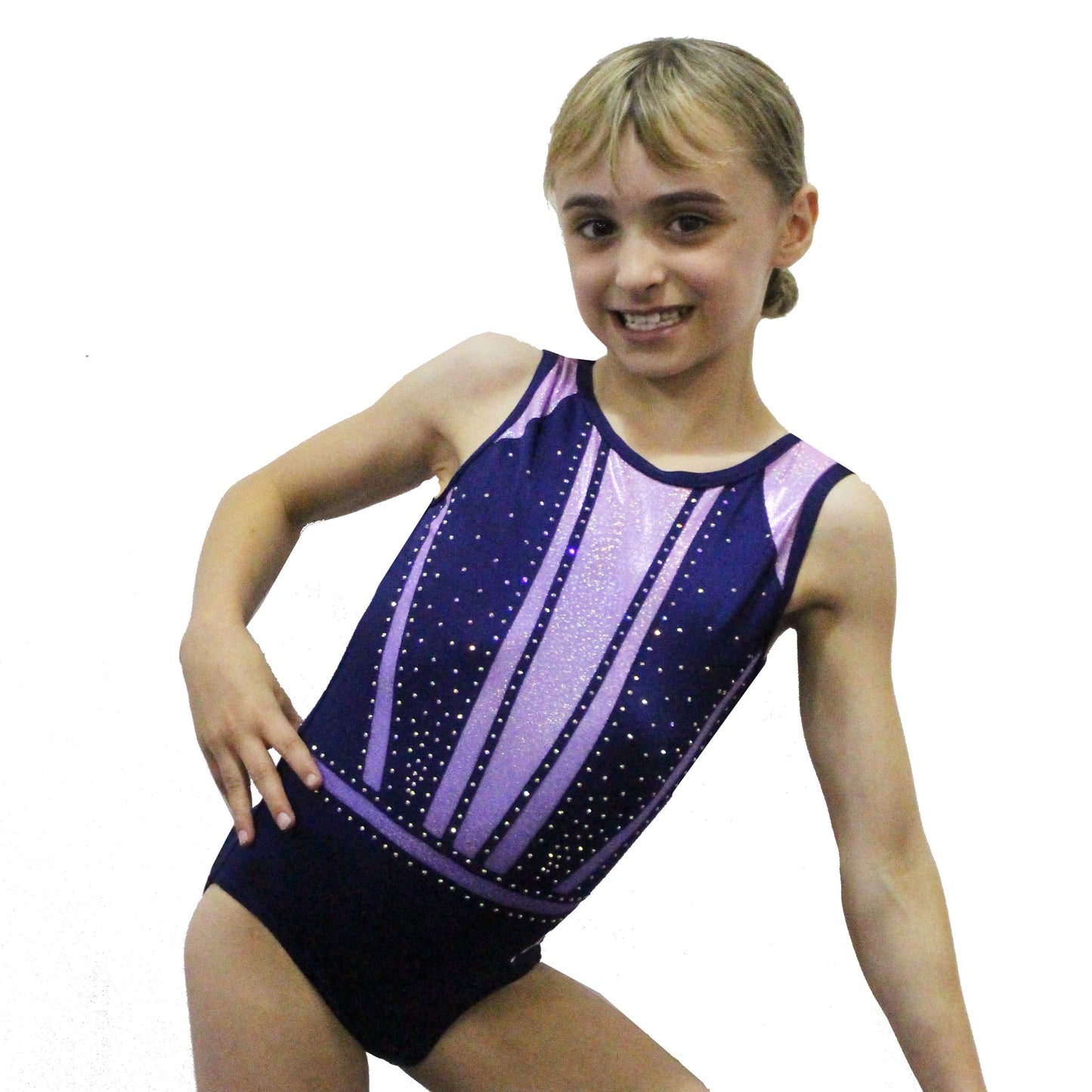 Sasha - Girls navy leotard with lilac to pink ombre and diamante