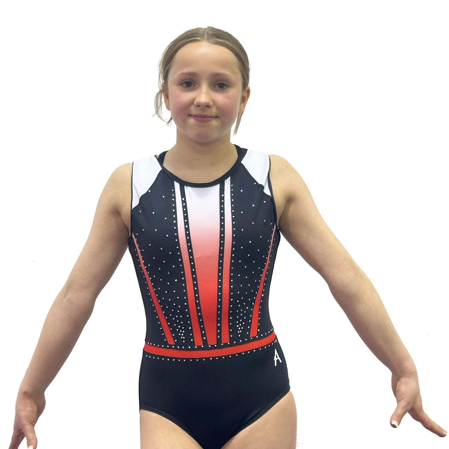 Sasha - Girlsblack leotard with red to white ombre and diamante