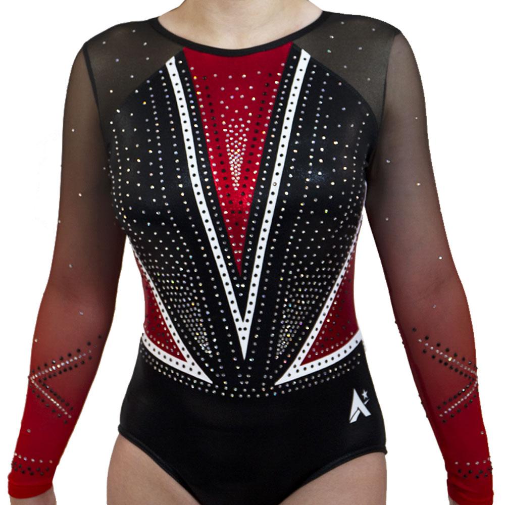 LOUISA - Black and Red leotard with Mesh sleeves