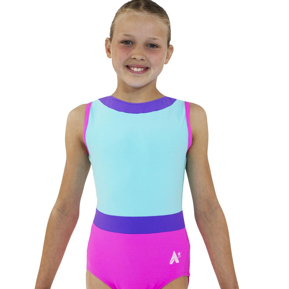 Pink, Blue and purple lycra gymnastics leotard