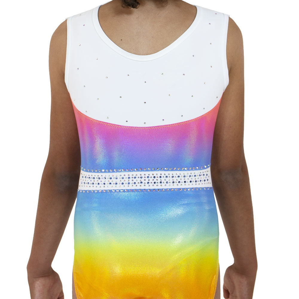 girls rainbow gymnastics leotard with white top and diamante