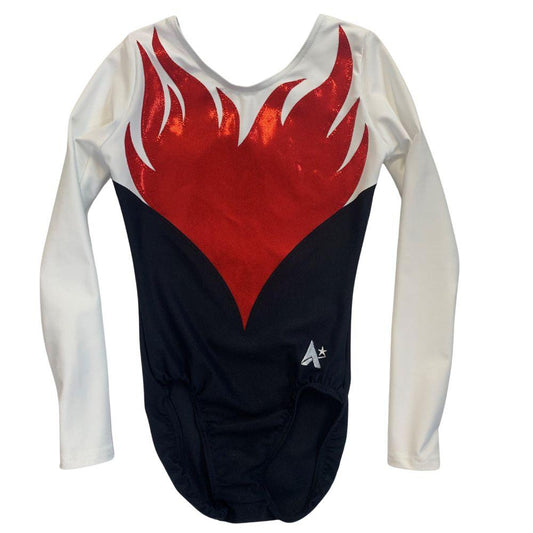 Air Extreme Girls Sleeveless Leotard in Black and White Matt with Ruby Shimmer Flame
