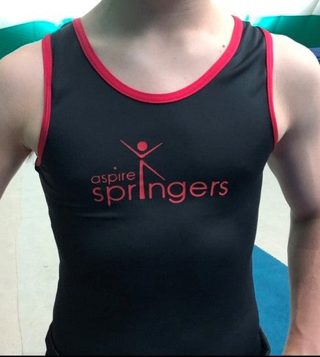 Aspire Springers Boys boxer bottom training leotard in Black Shiny Lycra with Red binding and club print
