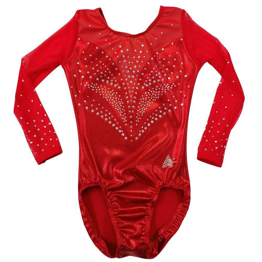 Corsham GA Girls long sleeved Ruby Shimmer and Red Powernet competition leotard with diamante