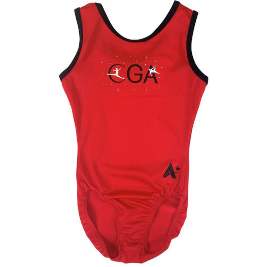Corsham GA Girls sleeveless leotard in Red SL with Black binding and Club print