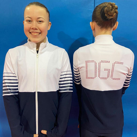 DARLINGTON GYMNASTICS CLUB Girls tracksuit top in Navy and White microtex with print and club diamante