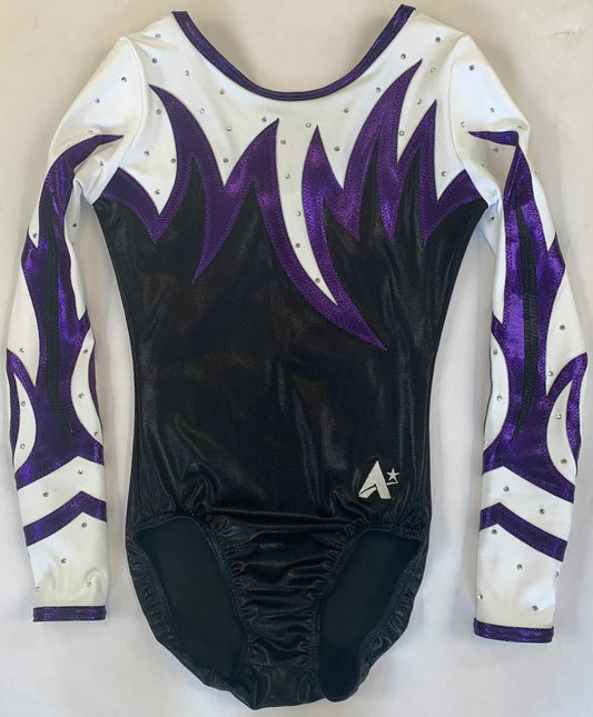 DERWENT VALLEY Girls Long Sleeved Competition Leotard in Black Shimmer and White Matt with Plum Shimmer Details