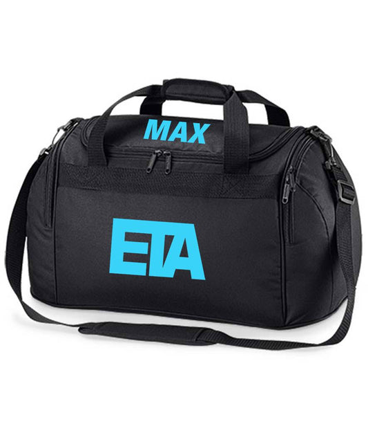 EXETER TRAMPOLINE ACADEMY - Black holdall with blue ETA Print with Printed Name