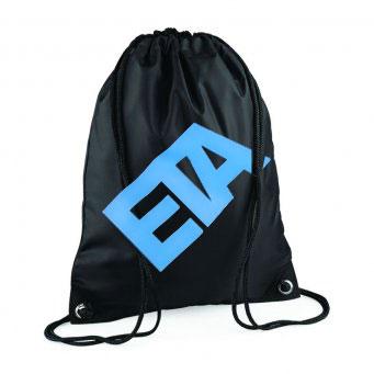 EXETER TRAMPOLINE ACADEMY Black drawstring bag with Blue ETA Print