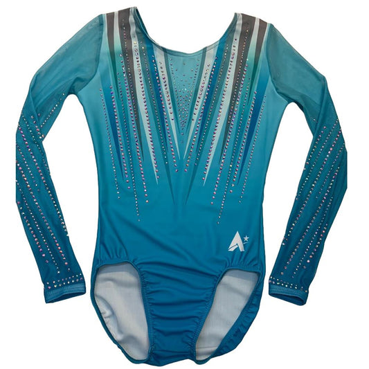 EXETER TRAMPOLINE ACADEMY NEW Girls competition leotard in Ombre with powernet sleeves and diamante