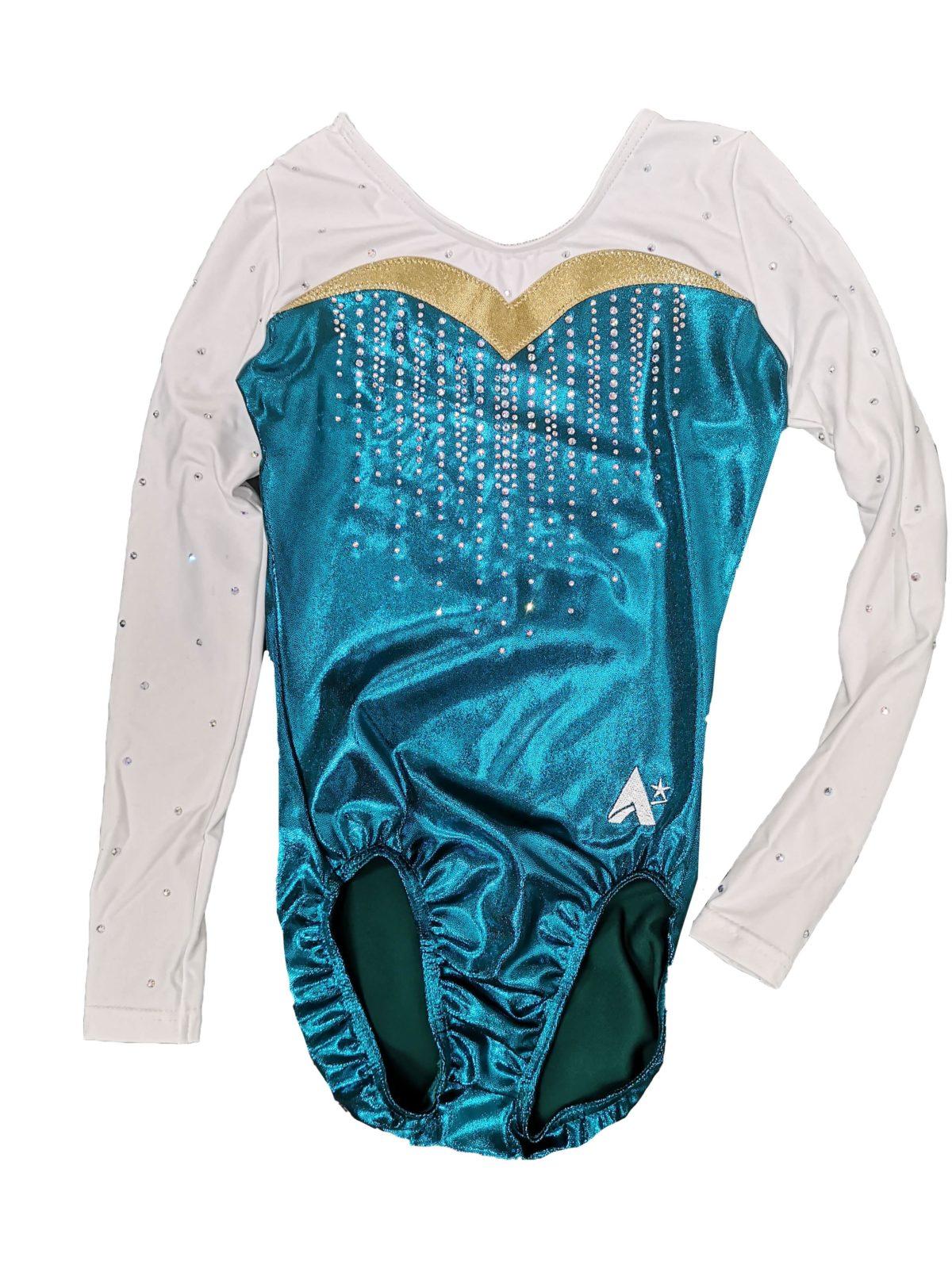 EXETER GYMNASTICS CLUB Girls Regional Competition Leotard Long Sleeved in Teal and Gold Shimmer with White Matt top