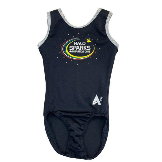 HALO SPARK - Girls Black lycra leotard with club print and diamante