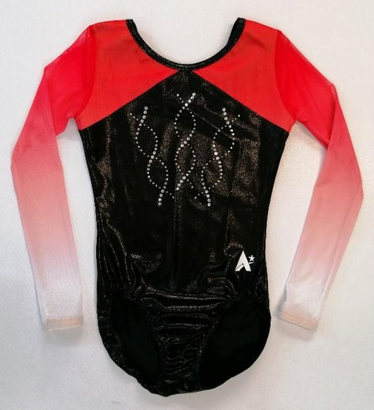 HELIX TC - Girls long sleeved leotard in Black Shimmer and Red to White Ombre powernet