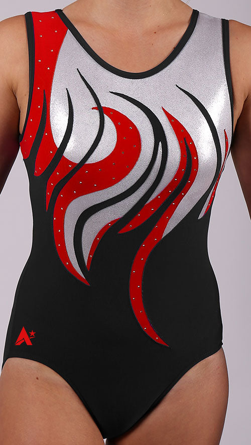 HELIX TC - Girls sleeveless leotard in Black, Ruby and Silver Shimmer