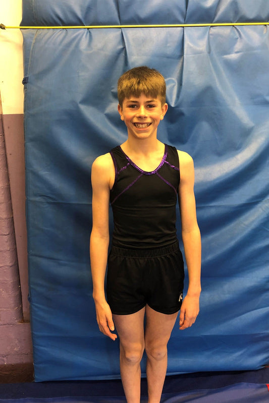 ICONIC GA - Boys Black and Purple gymnastics leotard