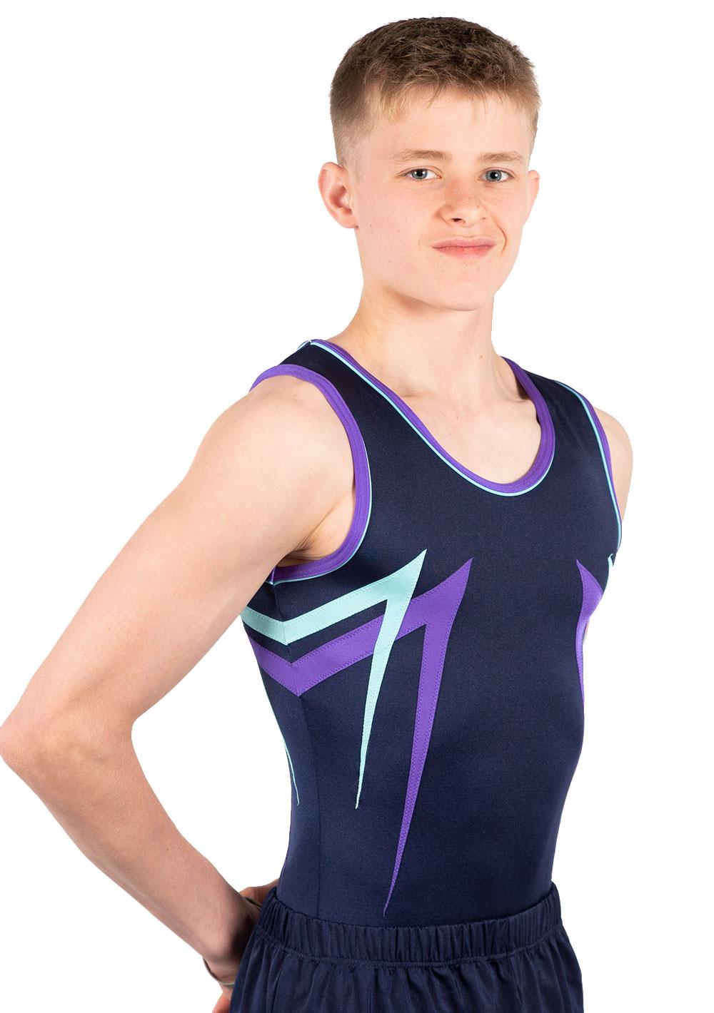 Navy leotard with Purple and Aqua details