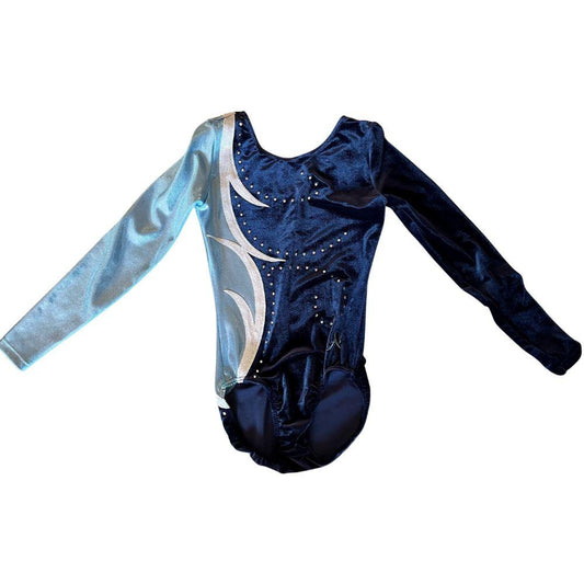 JURASSIC GC - LS Navy Velour and Sky Shimmer leotard with diamante