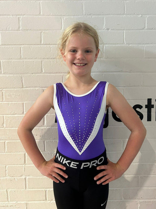 MAJESTICS GYMNASTICS - PURPLE SL AND WHITE MATT LEOTARD WITH DIAMANTE 2025