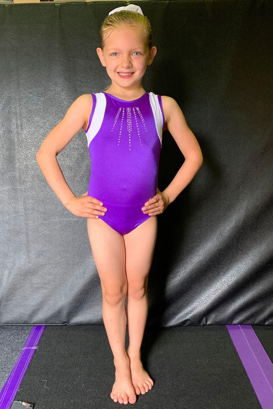 MAJESTICS GYMNASTICS - PURPLE/WHITE LEOTARD WITH DIAMANTE 2024