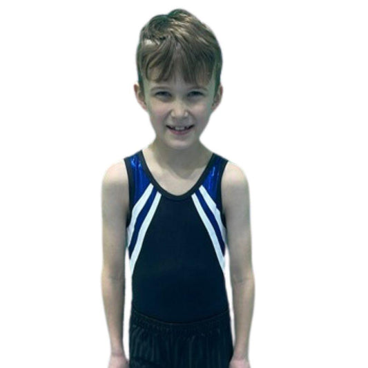 NEW HORIZON - Boys Competition Leotard in Black, Navy and White with club print