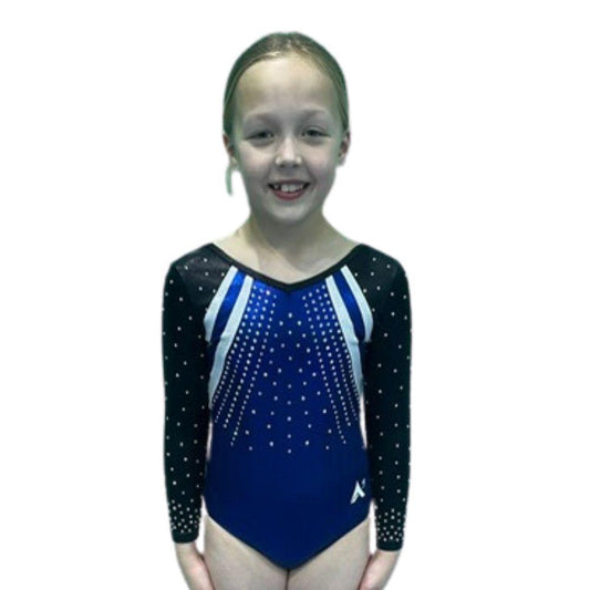 NEW HORIZON - Girls Competition Leotard in Navy, Black and Silver Holo with print and diamante