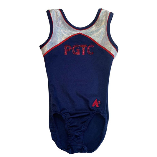 PGTC Poole Trampolining - Girls Navy and Silver leotard with Red PGTC diamante