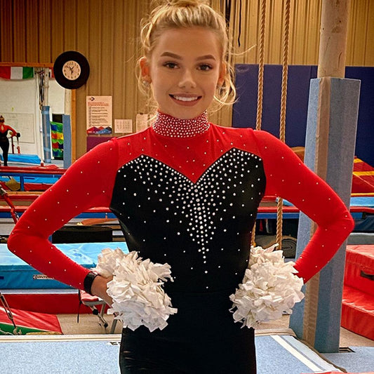 PANACHE CHEER - Panache Black Shimmer and Red Powernet leotard with diamante