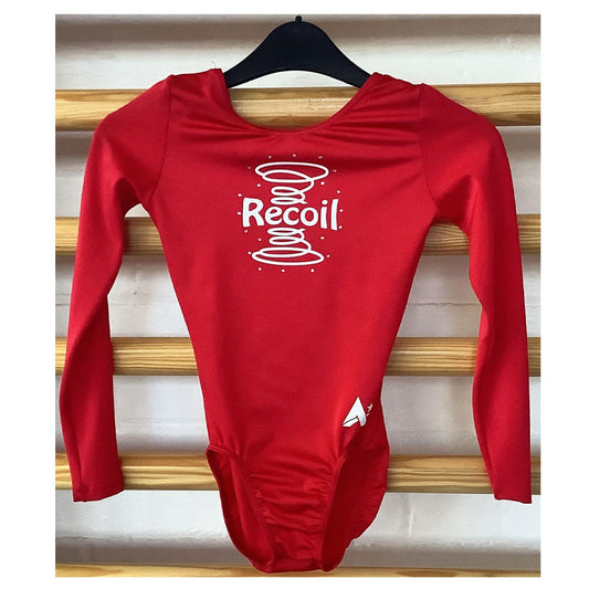 RECOIL - Long sleeved leotard in Red Shiny Lycra with RECOIL print