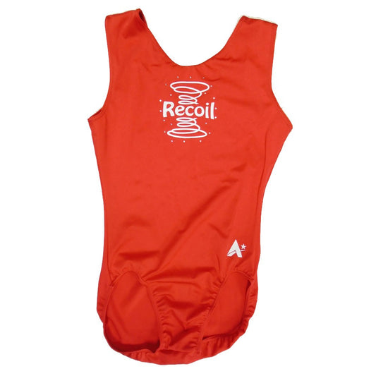 RECOIL - Sleeveless leotard in Red Shiny Lycra with RECOIL print