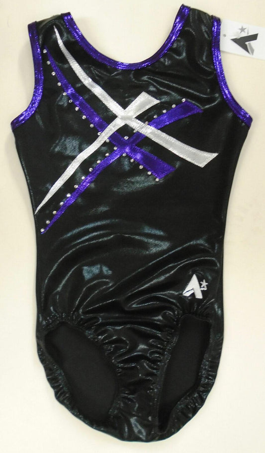 SALTO - Training Leotard in Black Shimmer with Plum and Silver Shimmer details