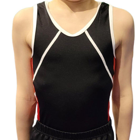 SHEPTON MALLET - Boys Club leotard in Black SL with Red panels and White details