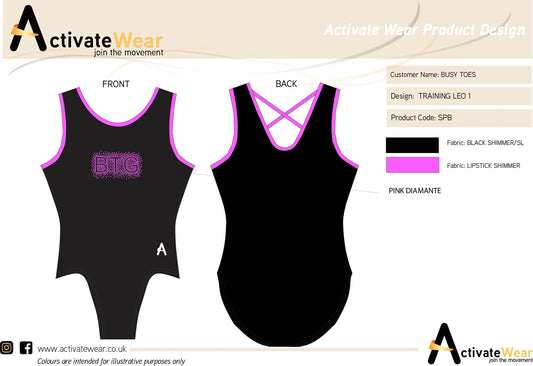 BUSY TOES - Girls Black leotard with Lipstick binding and Club diamante
