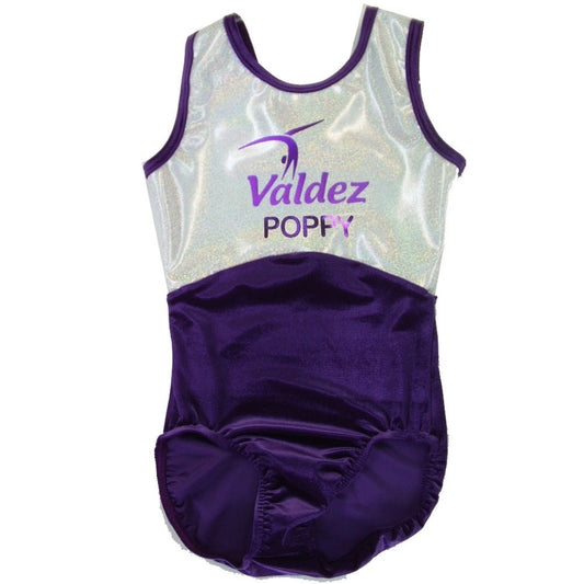 VALDEZ - GIRLS PURPLE AND SILVER LEOTARD WITH PRINT