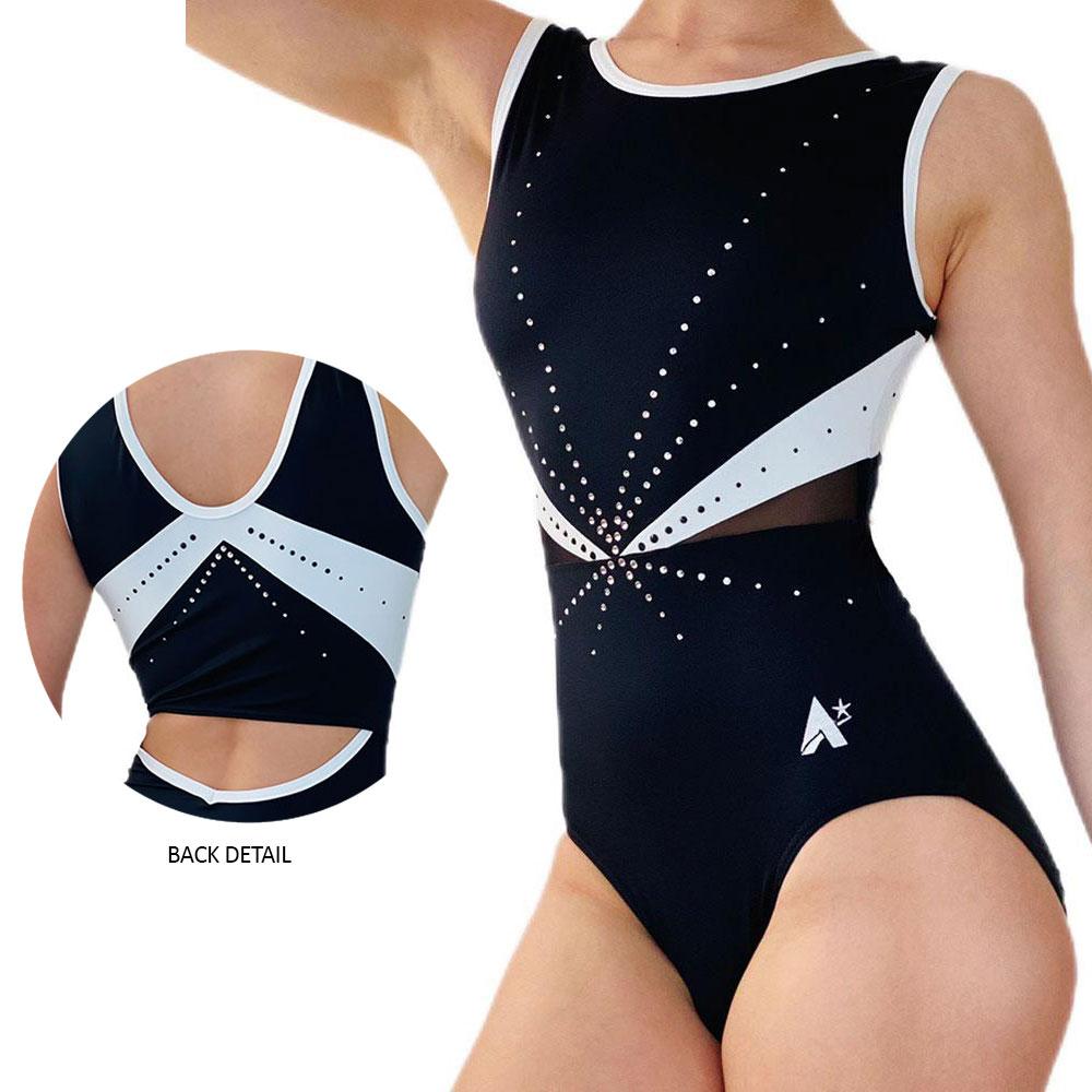black and white girls leotard with open back and diamante gems