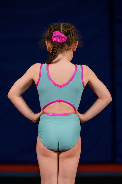 RAYE - Mint lycra leotard with Pink details
