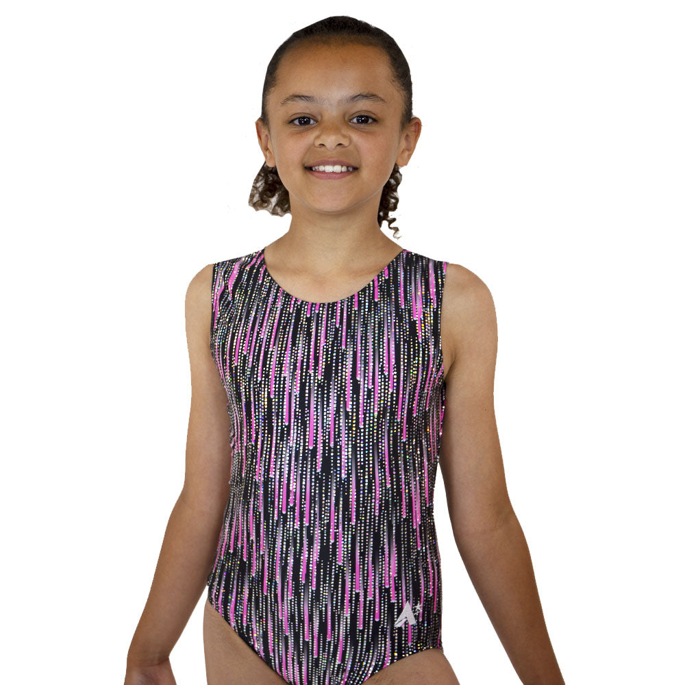 RAINDANCE - Black based leotard with cascading pink sparkles