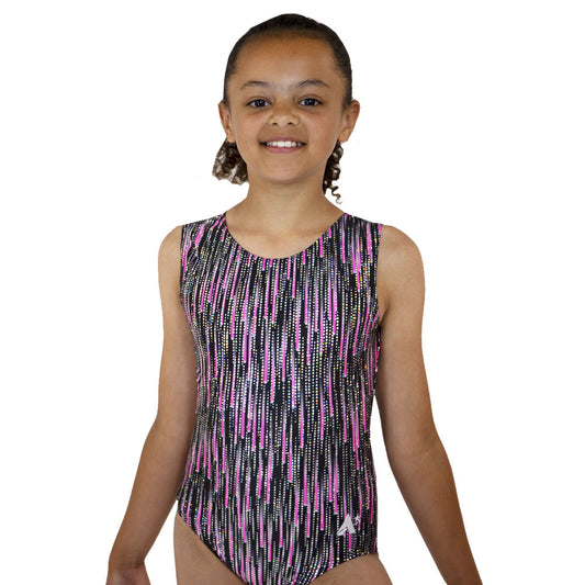 RAINDANE - Black based leotard with cascading pink sparkles