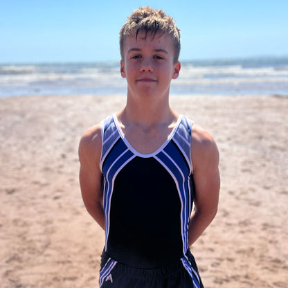 VELOCITY - Boys Navy leotard with Grey and White details